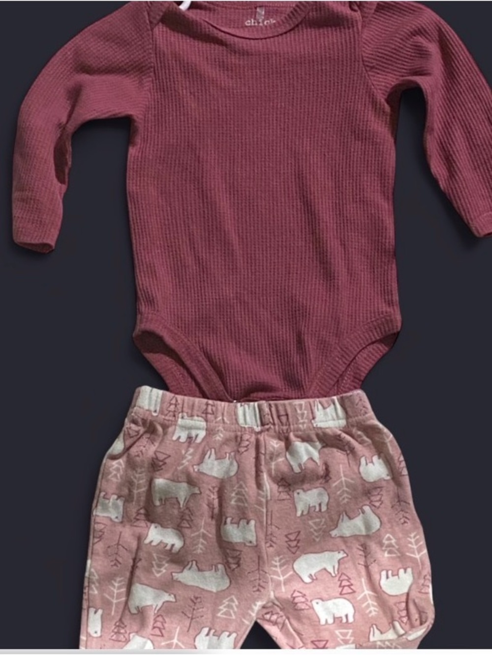 Chick Pea Dusty Rose Ribbed Bodysuit & Pink Bear Print Pants Set 6-9 Months